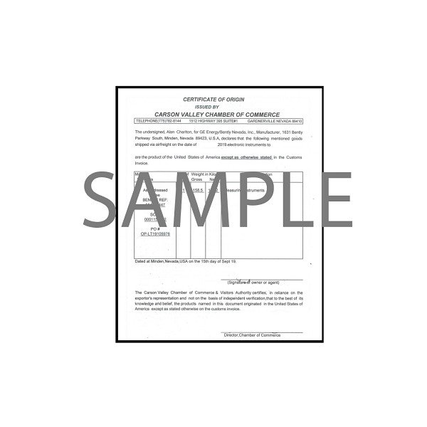 Certificate Of Origin (COO) for Bently Nevada